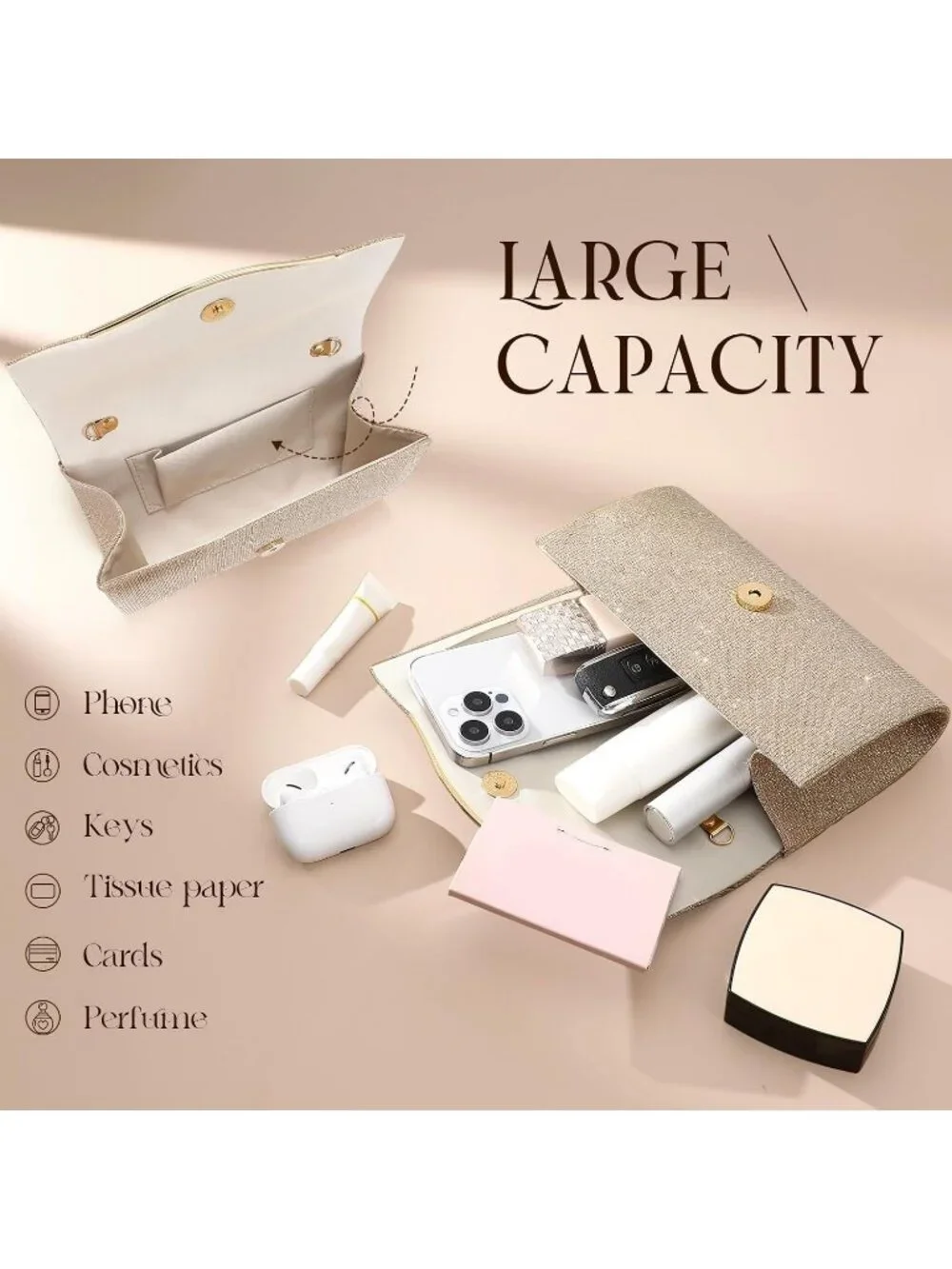 Women’s Champagne Formal Clutch Purse Elegant Evening Bag Detachable Chain Strap